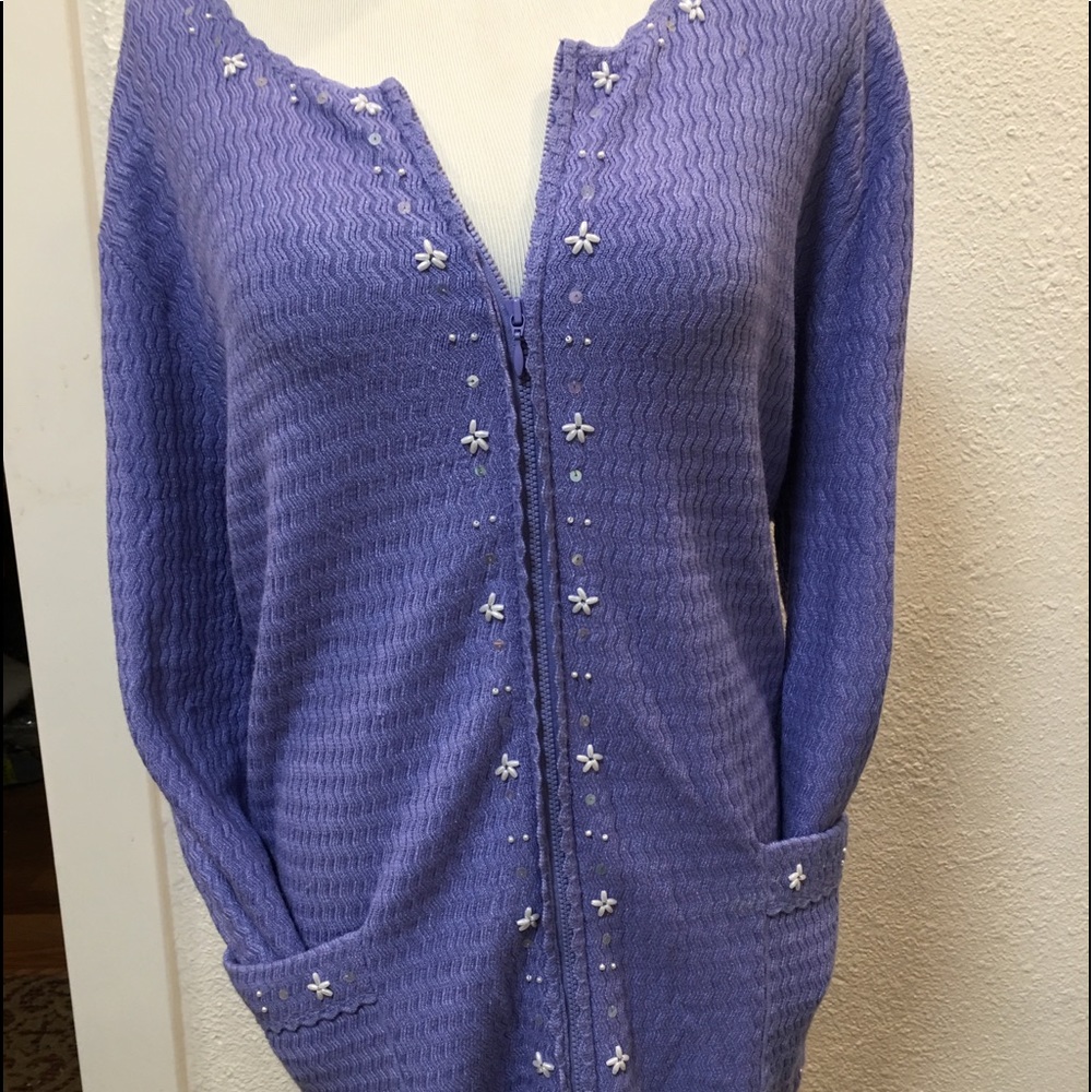 Purple Zip Front Sweater w/ Flowers